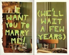 two pictures with words written on them in green and yellow colors, one has a wooden chair and the other says it'll want you to be a few years