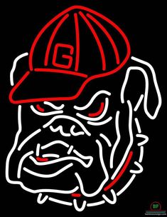 a red and white outline drawing of a bulldog wearing a baseball cap