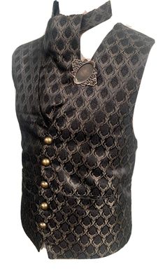 "This is a stunning gold /black woven waist coat with a vintage design  It is fully lined . It has pocket s and adjustable back. It comes with a matching cravat and a handcrafted  rustic metal frame tie pin. Chest measurement is M approx 40/42 Length front approx 24\" Makes a stunning steampunk gentleman's outfit! Thank you for looking" Fitted Gold Vest Elegant Style, Gold Fitted Vest, Fitted Gold Elegant Vest, Elegant Gold Fitted Vest, Steampunk Formal Sleeveless Vest, Formal Steampunk Sleeveless Vest, Formal Sleeveless Steampunk Vest, Steampunk Sleeveless Vest With Buttons, Steampunk Style Sleeveless Black Vest