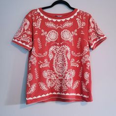 Size: Medium Brand: Zara Trafaluc Condition: Brand New - Dark Orange - Slightly Cropped Tshirt - Paisley Print On The From And Sleeves - Cotton Spring Cotton Paisley Print Tops, Spring Cotton Tops With Paisley Print, Relaxed Fit Paisley Print Top For Spring, Casual Cotton Tops With Paisley Print, Casual Paisley Print Tops For Summer, Bohemian Paisley Print Relaxed Fit Top, White Cotton Tops With Paisley Print, Bohemian Relaxed Fit Paisley Print Top, White Cotton Paisley Print Tops