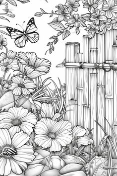 a black and white drawing of flowers in front of a bamboo fence with butterflies flying over it