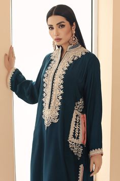 Aisha Imran. Cleo New Embroidery Designs, Classy Casual, Classy Casual Outfits, White Pants, Blue Fabric, Casual Pants, Embroidery Designs, Take That, Casual Outfits