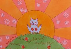 a painting of a cat sitting on top of a grass covered hill with flowers in the background