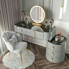 an elegant dressing table with a mirror, chair and stool in a room that has wood flooring