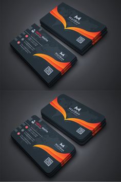 two business cards with an orange and black design on the front, one has a red flame