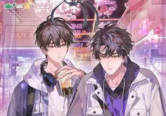 two young men standing next to each other in front of a neon cityscape