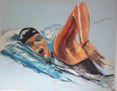 a painting of a woman swimming in the water with goggles on her head and sunglasses on