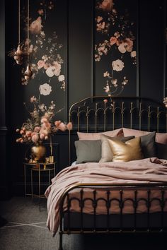 a bed with pink and gold pillows in front of a floral wallpapered bedroom