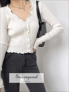 Sun-imperial Women White V-neck Ribbed Knit Cardigan with Ruffle Trims detail Basic style, chick sexy street vintage style SUN-IMPERIAL Ribbed Knit V-neck Cardigan, Fitted Textured Knit V-neck Cardigan, V-neck Knit Cardigan With Ribbed Collar, White Textured Knit V-neck Cardigan, V-neck Ruffled Winter Cardigan, Imperial Fashion, Ruffle Sweater, Rib Knit Cardigan, Blue V