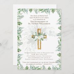 an image of a wedding anniversary card with greenery and gold cross on the front