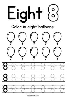 printable worksheet for the number eight with balloons