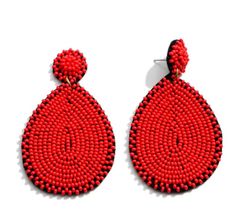 "Light weight made with seed beads! Length- Approx. 2.75\" Back- Post back Black felt background and back Nickel and lead compliant FINAL SALE- please check dimensions and details before purchasing, just to ensure these will work for you!" Red Teardrop Jewelry With Tiny Beads, Red Teardrop Earrings With Dangling Beads, Red Teardrop Beaded Earrings With Dangling Beads, Red Teardrop Beaded Dangling Earrings, Black Beaded Teardrop Earrings, Red Beaded Teardrop Dangle Earrings, Red Teardrop Beaded Earrings, Red Teardrop Earrings With Tiny Beads, Red Beaded Earrings With Large Beads