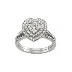 Featuring a heart motif adorned with tiers of round-cut diamonds, this sterling silver engagement ring set is a stunning representation of your devotion. Featuring a heart motif adorned with tiers of round-cut diamonds, this sterling silver engagement ring set is a stunning representation of your devotion.Click on this JEWELRY & WATCHES GUIDE to learn about fit, styles, materials and more! Includes: engagement ring & matching wedding band Width: 10 mm Metal: sterling silver Plating: rhodium Fini Heart-shaped Brilliant Cut Diamond Ring For Proposal, Wedding Jewelry With Brilliant Cut Double Heart, Double Heart Brilliant Cut Wedding Jewelry, Valentine's Day Sterling Silver Diamond Ring With Halo Setting, Heart Cut Brilliant Diamond Proposal Ring, Fine Jewelry Heart Cut Diamond Ring, Heart Cut Diamond White Ring For Proposal, Heart Cut Ring With Diamond Accents For Promise, Heart Cut Rings With Diamond Accents For Promise