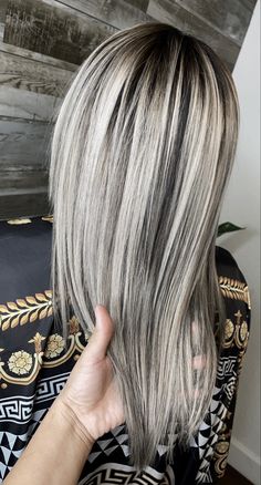 Platinum Blonde Highlights On Dark Hair Brown Medium Lengths, Platinum With Dark Lowlights, Dark Blonde Grey Hair, Platinum Blonde With Dark Lowlights, Ashy Lowlights For Blondes, Smokey Ash Blonde, Dark Lowlights, White Hair Highlights, Balage Hair