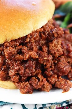 a sloppy joe sandwich sitting on top of a white plate