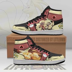 a pair of sneakers with anime characters on them