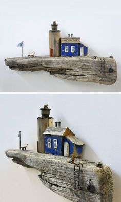 two pictures of a house on a piece of driftwood