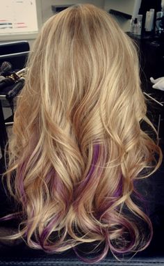 Blonde with a pop of purple! #salonbeau #thesalonbeau #blonde #purple #popofpurple #Peekaboo #long #curls #beautiful Peekaboo Streaks, Purple Highlights Blonde Hair, Dark Hairstyles, Highlights Purple, Purple Blonde, Lavender Highlights, Peekaboo Hair, Highlights Blonde, Purple Highlights