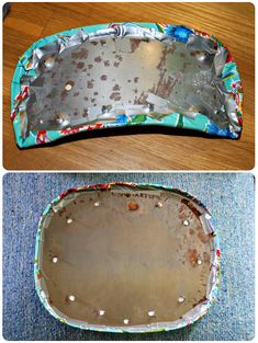 the bottom and side of a metal tray with paint splattered on it, next to an empty tin pan