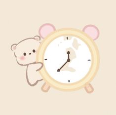 a clock with a teddy bear sitting next to it's face on a beige background