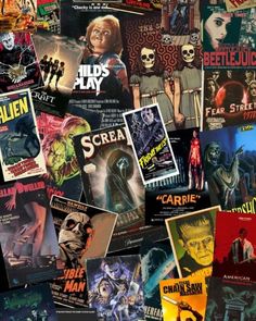 many movie posters are stacked together in the shape of a collage with horror movies on them