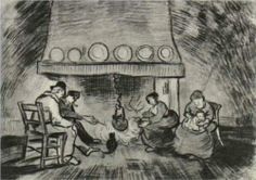 a drawing of three people sitting in front of a fire place with a baby on the floor