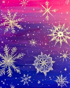 some snowflakes are painted on a purple and blue background with white stars in the sky