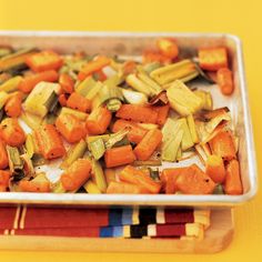 chopped carrots and celery in a baking dish