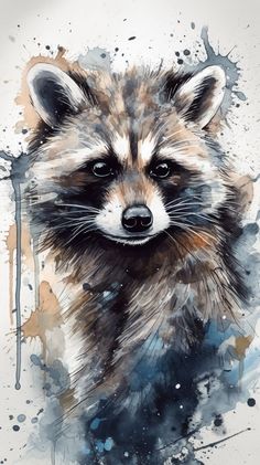 a painting of a raccoon with watercolors on it's face