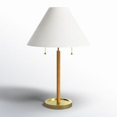 a lamp with a wooden base and white shade on the top is shown in front of a light gray background