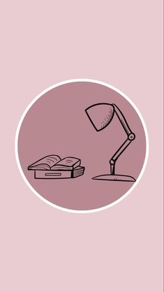 a black and white drawing of a desk lamp next to a book on a pink background