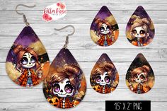 three different styles of day of the dead girl earrings on wooden planks with text