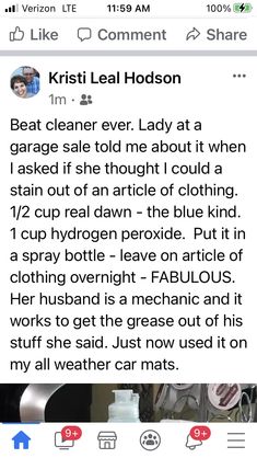 the text on this page reads, krisi lea hodson beat cleaner ever lady at garage sale told me about it when i asked if she thought