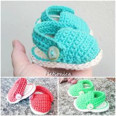 crocheted baby booties with buttons are shown in three different colors and sizes