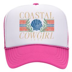 PRICES MAY VARY. Best-Selling: This best-selling trucker hat features our Coastal Cowgirl logo printed on its foam front with attention to every detail. Comfortable: This is the most comfortable trucker hat with its foam front, cushioned soft cloth sweatband, and flexible mesh 5-panel construction that keeps you cool and retains its perfect shape all day and night. Snapback: This popular hat features a slightly curved visor, a classic high-structured crown, and an adjustable snapback closure at Beach Trucker Hat With Letter Print And Curved Bill, Pink Trucker Hat For Baseball Season, Pink Trucker Hat With Letter Print, Pink Letter Print Trucker Snapback Hat, Pink Trucker Hat For Sports Events, Pink Trucker Hat For Baseball Season With Curved Brim, Pink Trucker Snapback Hat With Letter Print, Pink Letter Print Trucker Hat For Beach, Summer Sports Trucker Hat