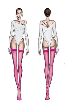 a drawing of a woman with pink stockings and thigh high socks on her legs, wearing white bodysuit