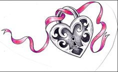 a drawing of a heart with a lock and ribbon on the side that says i love you