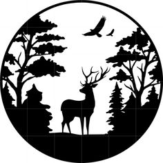 a black and white silhouette of a deer in the woods with an eagle flying over it