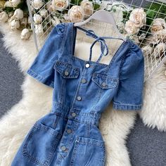 fashion Split denim dress single-breasted slim Square collar – lastrafashion Sundress Casual, Long Blue Dress, Denim Short Dresses, Denim Pocket, Denim Patterns, Denim Shirt Dress, Puff Sleeve Dresses, Dress Material, Pocket Dress