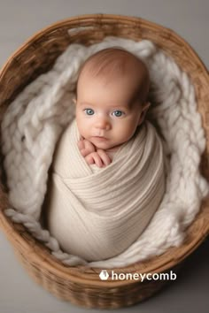 a baby wrapped in a blanket is sitting in a basket