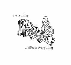 a black and white drawing of a butterfly with the words, everything affects everything on it