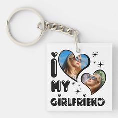 i love my girlfriend square acrylic keychain with two hearts on it