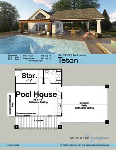 the floor plan for a pool house with an attached deck and covered patio area,