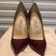 Gorgeous Worn Once Jimmy Choo Burgundy Patent Leather Stiletto Pointy Toe Pump With Dust Bag Mint Condition. Size 38 1/2 Heel Height 4.7 Inch 120mm Classic Patent Leather Heels With Wrapped Heel, Designer Closed Toe Court Shoes With 4-inch Heel, Designer Court Shoes With 4-inch Heel, Burgundy Heels, Fashion Moodboard, Mood Board Fashion, Patent Leather Pumps, Jimmy Choo Shoes, Jimmy Choo