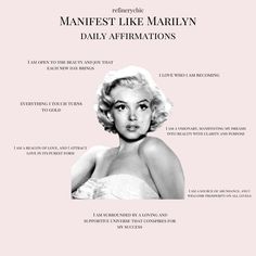 marilyn monroe's profile on the cover of her book, manfest like marilyn daily affirmations