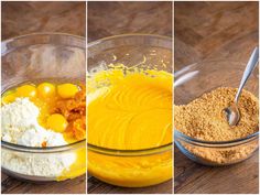 three pictures showing different stages of mixing ingredients in glass bowls on a wooden counter top