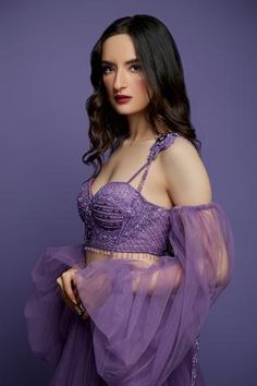 Shop for Asra Purple Net Embroidered Corset Blouse And Lehenga Set for Women Online at Aza Fashions Fitted Off-shoulder Top For Wedding, Fitted Off-shoulder Evening Set, Fitted Lace Off-shoulder Blouse, Fitted Wedding Top With Sheer Bodice, Gathered Lehenga, Embroidered Corset, Neck Corset, Corset Blouse, Cold Shoulder Blouse