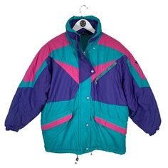 "Purple, turquoise and pink Pit to pit 25\" Neck to hem 31.5\" Pit to cuff 19.5\"" Casual Turquoise Winter Outerwear, Retro Pink Outerwear For Outdoor, Turquoise Long Sleeve Outerwear For Winter, Turquoise Long Sleeve Winter Outerwear, Retro Pink Winter Outerwear, Vintage Pink Outerwear For Outdoor, Turquoise And Pink, Purple Turquoise, Womens Jackets