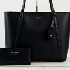 Authentic Nwt In Original Package Kate Spade Cara Large Tote & Darcy Slim Bifold Wallet Set ( Black ) . Classic Black Refined Grain Leather Interior Back Zip Pocket Top Zip Closure 11.48" H X 15.2" W X 5" D Handle Drop 10.5" Plus Darcy Slim Bifold Wallet 3.5" H 6.7" W ... Refined Grain Leather Thank You For Viewing And Happy Shopping .. Elegant Wallets With Removable Pouch, Elegant Wallets With Removable Pouch For Shopping, Black Leather Wallet For Shopping, Kate Spade Black Bag With Card Slots, Elegant Leather Wallet For Shopping, Luxury Everyday Kate Spade Wallets, Kate Spade Evening Bags With Card Slots, Kate Spade Formal Bags With Card Slots, Elegant Leather Wallet