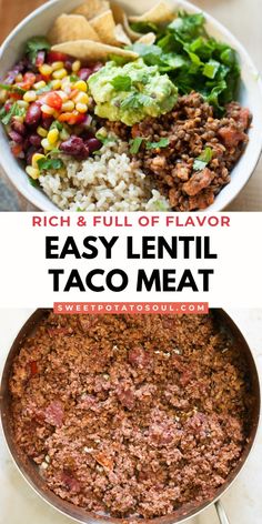 an easy lentil taco meat recipe in a skillet with the words, rich and full of flavor